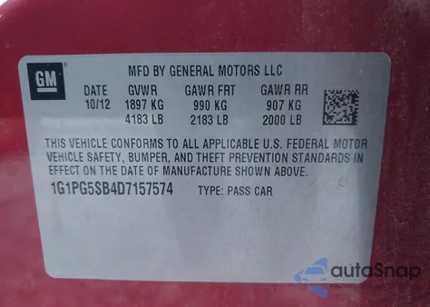 2013 Chevrolet Cruze Ltz from USA, damaged, VIN 1G1PG5SB4D7157574